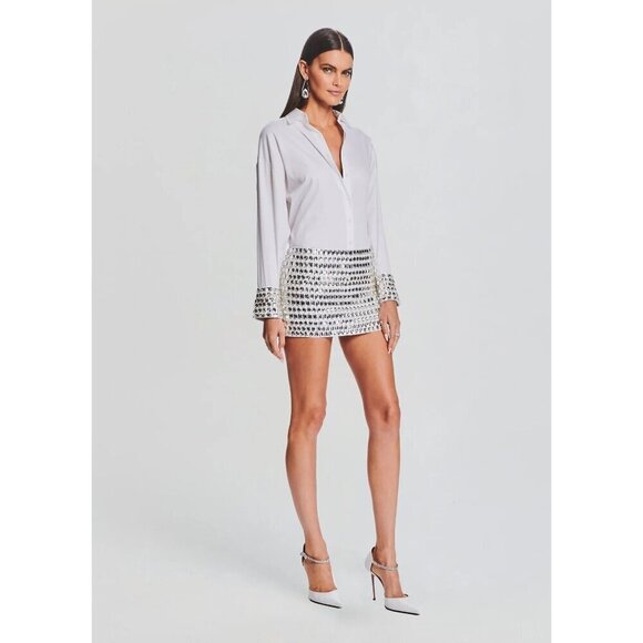 Retrofete Katie Rhinestone Cuff Button Up Shirt White Silver Womens Size XS - Picture 3 of 13